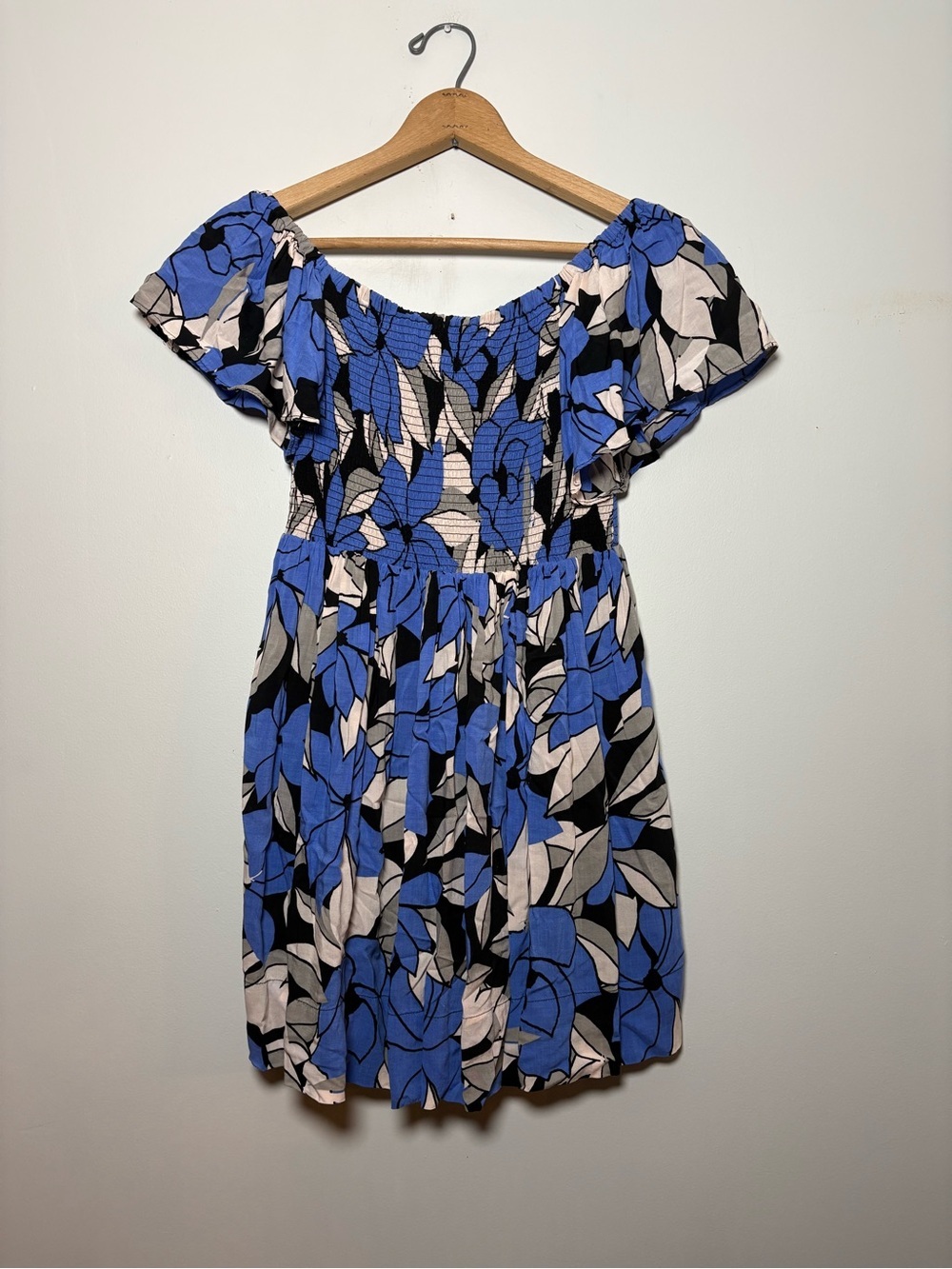 Free People Louise Smocked Off The Shoulder Floral Mini Dress Blue Size XS
